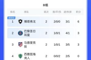 世俱杯B組：博塔弗戈領跑，巴黎跌至第二，末輪馬競陷絕境！