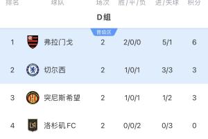 世俱杯D組積分榜：弗拉門戈提前出線，切爾西與突尼斯?fàn)幊鼍€名額
