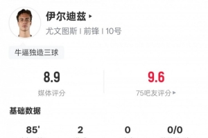 伊爾迪茲本場數(shù)據(jù)：2射門2射正2進(jìn)球&1造烏龍，評分8.9