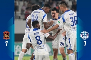 石家莊功夫客場1-1戰(zhàn)平蘇州東吳，阿約維遠(yuǎn)射打入扳平比分的一球